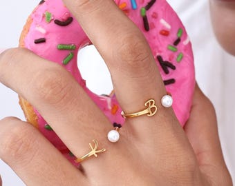 Custom Initial Ring With Mini Pearl - Dainty Letter Rings - Freshwater Pearls - Bridesmaid - Christmas Gifts