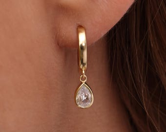 Minimalist Birthstone Huggie Earrings, Teardrop Charm (Sterling Silver)