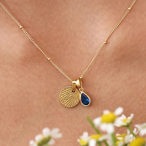 Mini Circle Charm Fingerprint Necklace with Birthstone - Actual Thumbprint Jewelry - Memorial Gift- Christmas Gifts