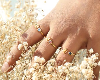 Custom Initial Ring With Birthstone - Stacking Dainty Letter Jewelry - Bridesmaid Rings - Christmas Gifts