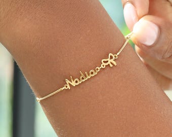 Dainty Name Bracelet with Bow Charm, Personalized Jewelry - Minimalist Keepsake Gift for Women