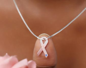 Breast Cancer Birthstone Ribbon Necklace, Stay Strong Jewelry, Personalized Healing Charm, Inspirational/ Support Gift
