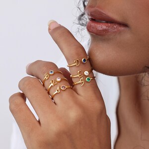 Custom Initial Ring With Birthstone - Stacking Dainty Name Rings - Letter Jewelry - Mother&#39;s Day - Bridesmaid - Christmas Gifts