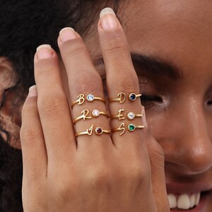 Custom Initial Ring With Birthstone - Stacking Dainty Name Rings - Letter Jewelry - Mother&#39;s Day- Bridesmaid - Christmas Gifts