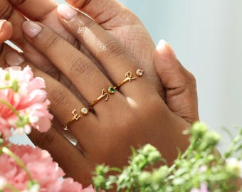 Custom Initial Ring With Birthstone - Stacking Dainty Letter Jewelry - Bridesmaid Rings - Christmas Gifts