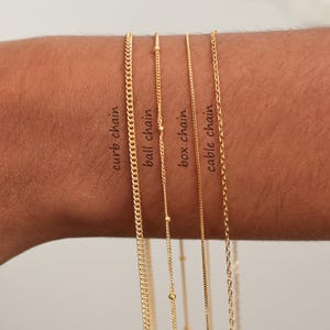 May include: Four gold-colored chain necklaces are displayed, each with a different design: curb chain, ball chain, box chain, and cable chain. The names of each chain are labeled in black text. The chains are shown against a skin-toned background.