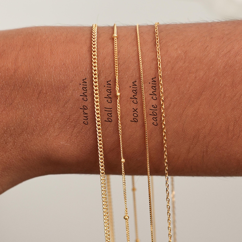May include: Four gold-colored chain necklaces are displayed, each with a different design: curb chain, ball chain, box chain, and cable chain. The names of each chain are labeled in black text. The chains are shown against a skin-toned background.