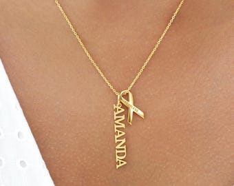 Custom Vertical Name Necklace with Ribbon Charm, Personalized Keepsake Jewelry