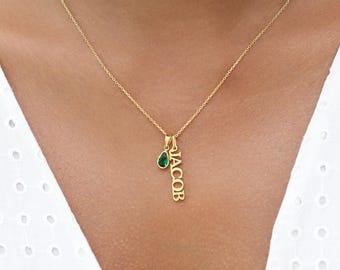 Custom Vertical Name Necklace with Birthstone | Personalized Names Jewelry | Dainty Gifts for Her