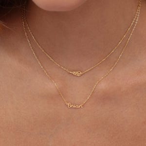 May include: A layered gold necklace set. The top chain features a small wing pendant, while the lower chain displays the name "Brian" in cursive script. The necklaces are delicate and appear to be made of gold.