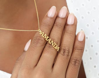 Custom Name Necklace in Sterling Silver or Gold, Personalized Vertical Bar