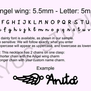 May include: A light pink background displays a font chart with uppercase and lowercase letters. The text reads "Angel wing: 5.5mm - Letter: 5mm." An example shows an angel wing charm and the name "Anita."