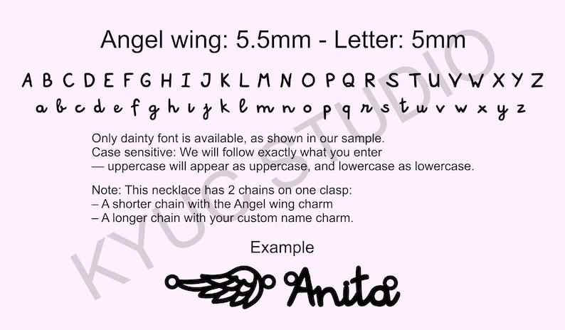 May include: A light pink background displays a font chart with uppercase and lowercase letters. The text reads "Angel wing: 5.5mm - Letter: 5mm." An example shows an angel wing charm and the name "Anita."