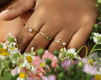 Custom Initial Ring With Birthstone - Stacking Dainty Letter Jewelry - Bridesmaid Rings - Christmas Gifts