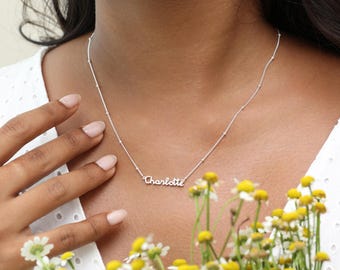 Custom Name Necklace in Sterling Silver - Dainty Script on Adjustable Ball Chain