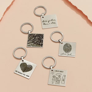 Personalized Fingerprint Keychain: Stainless Steel Square with Handwriting - Christmas Gifts