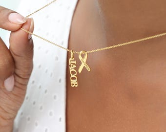 Custom Name Necklace with Ribbon Charm, Personalized Jewelry for Strength and Hope