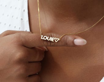 Custom Name Necklace with Heart, Personalized Minimalist Jewelry in Sterling Silver or Gold Plated