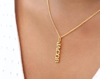 Custom Name Necklace in Sterling Silver or Gold, Personalized Vertical Bar