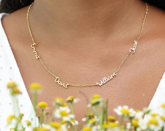Custom Name Necklace, Dainty Family Jewelry with Adjustable Figaro Chain