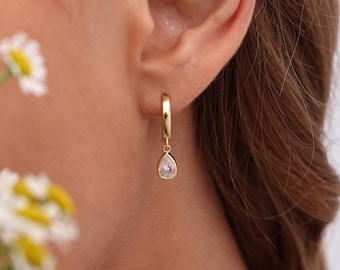 Dainty Huggie Hoop Earrings: Sterling Silver with Birthstone Charm