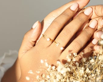 Custom Initial Ring With Mini Pearl - Dainty Letter Rings - Freshwater Pearls - Bridesmaid - Christmas Gifts