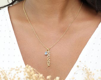 Custom Vertical Name Necklace with Birthstone | Personalized Names Jewelry | Dainty Gifts for Her