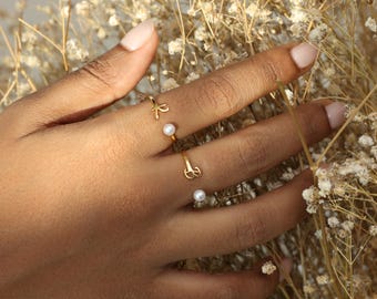 Custom Initial Ring With Mini Pearl - Dainty Letter Rings - Freshwater Pearls - Bridesmaid - Christmas Gifts