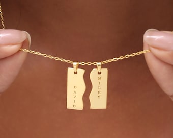 Split Rectangle Necklace Set, Half Charm Couple Jewelry, Custom Initial Name