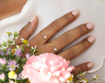 Custom Initial Ring With Mini Pearl - Dainty Letter Rings - Freshwater Pearls - Bridesmaid - Christmas Gifts