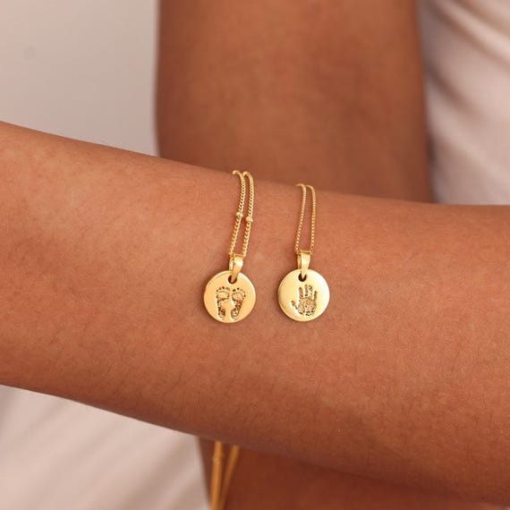 Mini Circle Charm Footprint Necklace - Baby Handprint Necklaces - Mother's Day - Christmas Gifts