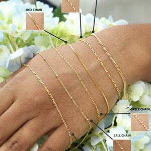 a variety of gold chain styles, including a box chain, mini link chain, curb chain, mini link chain, cable chain, ball chain, and figaro chain, arranged on a hand.