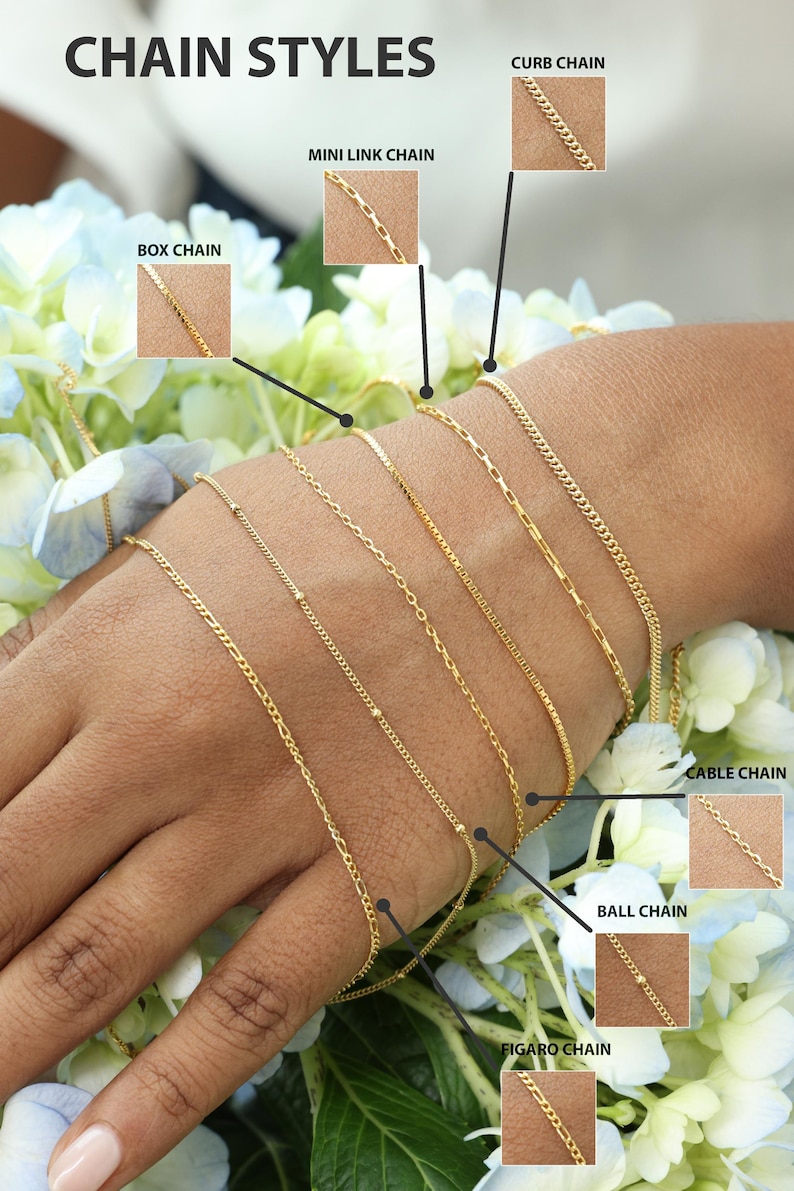 a variety of gold chain styles, including a box chain, mini link chain, curb chain, mini link chain, cable chain, ball chain, and figaro chain, arranged on a hand.