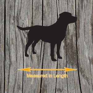 Puede incluir: Una silueta negra de un perro de pie de perfil. Debajo del perro hay una flecha horizontal naranja de doble punta con el texto Measured in Length, que indica la dimensi&oacute;n medida desde el hocico hasta la cola de la figura del perro.
