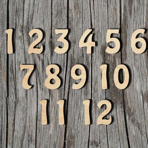 May include: Wooden numbers 1 through 12 arranged on a weathered, gray wooden surface. The numbers are in a light brown color, with a simple, rounded font. The wood grain of the background is visible.