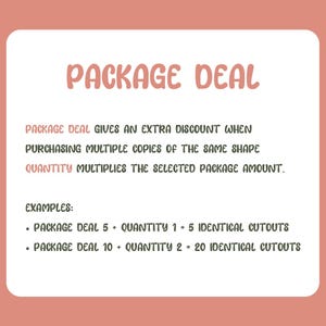 Pode incluir: Um gr&aacute;fico informativo branco sobre um fundo coral com o texto PACKAGE DEAL. Explica que um pacote promocional oferece um desconto na compra de v&aacute;rias c&oacute;pias da mesma forma, onde a quantidade multiplica o valor do pacote, com exemplos.
