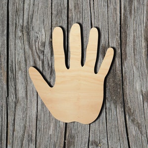 May include: A wooden cutout of a hand with five fingers, against a rustic wood background.
