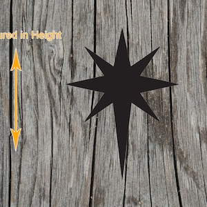 May include: A black, eight-pointed star shape with elongated vertical points. To the left of the star, a yellow double-headed arrow indicates the vertical orientation, accompanied by the yellow text Measured in Height.