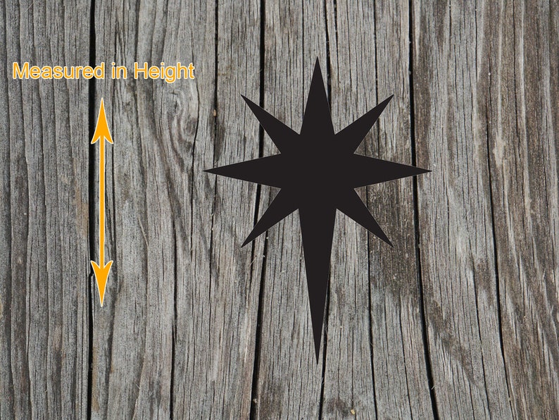 May include: A black, eight-pointed star shape with elongated vertical points. To the left of the star, a yellow double-headed arrow indicates the vertical orientation, accompanied by the yellow text Measured in Height.
