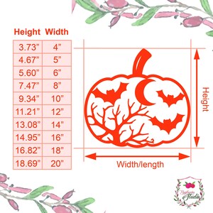 May include: An orange pumpkin-shaped decoration with a bat and moon design. The image includes a size chart with measurements ranging from 9.47 cm height x 10.16 cm width to 47.47 cm height x 50.8 cm width. The text "Height" and "Width/length" are also visible.