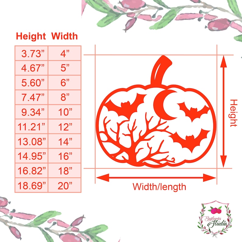 May include: An orange pumpkin-shaped decoration with a bat and moon design. The image includes a size chart with measurements ranging from 9.47 cm height x 10.16 cm width to 47.47 cm height x 50.8 cm width. The text "Height" and "Width/length" are also visible.
