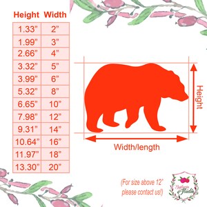 Pode incluir: Uma silhueta de urso laranja brilhante com uma tabela de tamanhos exibindo altura e largura em polegadas, variando de 1,33 por 2 polegadas a 13,30 por 20 polegadas, incluindo o texto Bayberries Studio e For size above 12 please contact us.