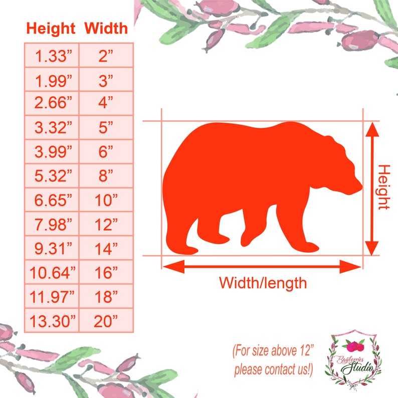 Pode incluir: Uma silhueta de urso laranja brilhante com uma tabela de tamanhos exibindo altura e largura em polegadas, variando de 1,33 por 2 polegadas a 13,30 por 20 polegadas, incluindo o texto Bayberries Studio e For size above 12 please contact us.