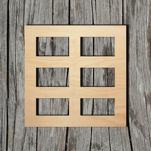 May include: A wooden cutout with a grid pattern of nine rectangular openings. The cutout is light brown and has a smooth surface.
