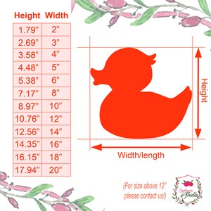 May include: A chart showing different sizes for a red rubber duck cutout. The chart shows the height and width of the duck in inches. The duck is shown in the image with a grid behind it to show the measurements.