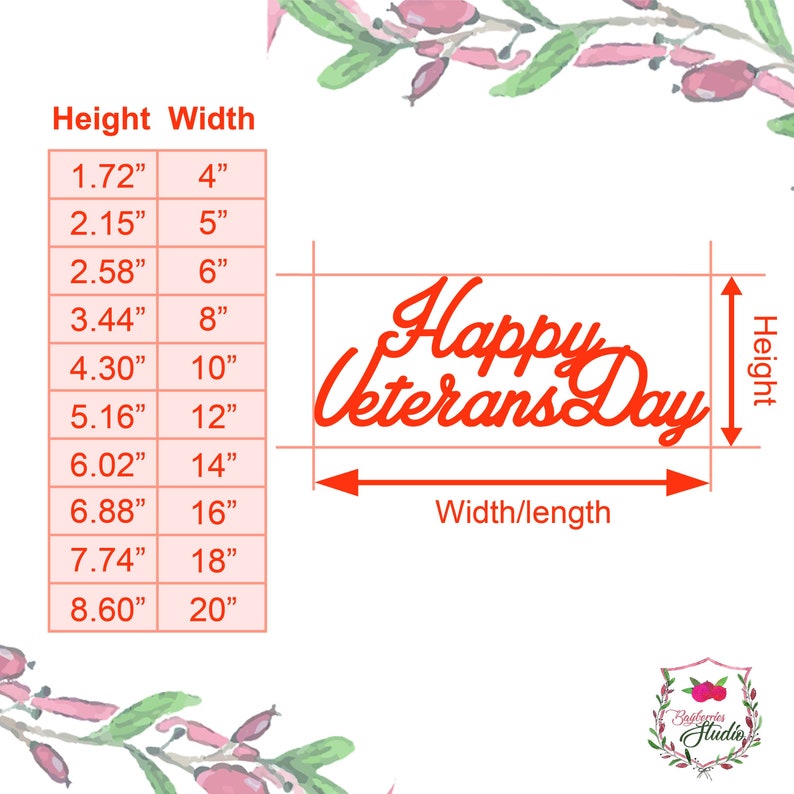 May include: A chart showing different sizes for a "Happy Veterans Day" sign. The sign is red and has a cursive font. The chart shows the height and width of the sign in inches.
