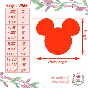 K&ouml;nnte beinhalten: Eine Tabelle mit verschiedenen Gr&ouml;&szlig;en f&uuml;r einen Mickey Mouse-Kopf-Ausschnitt. Die Tabelle zeigt die H&ouml;he und Breite in Zoll. Der Mickey Mouse-Kopf-Ausschnitt ist rot und wird in der Mitte des Bildes gezeigt.