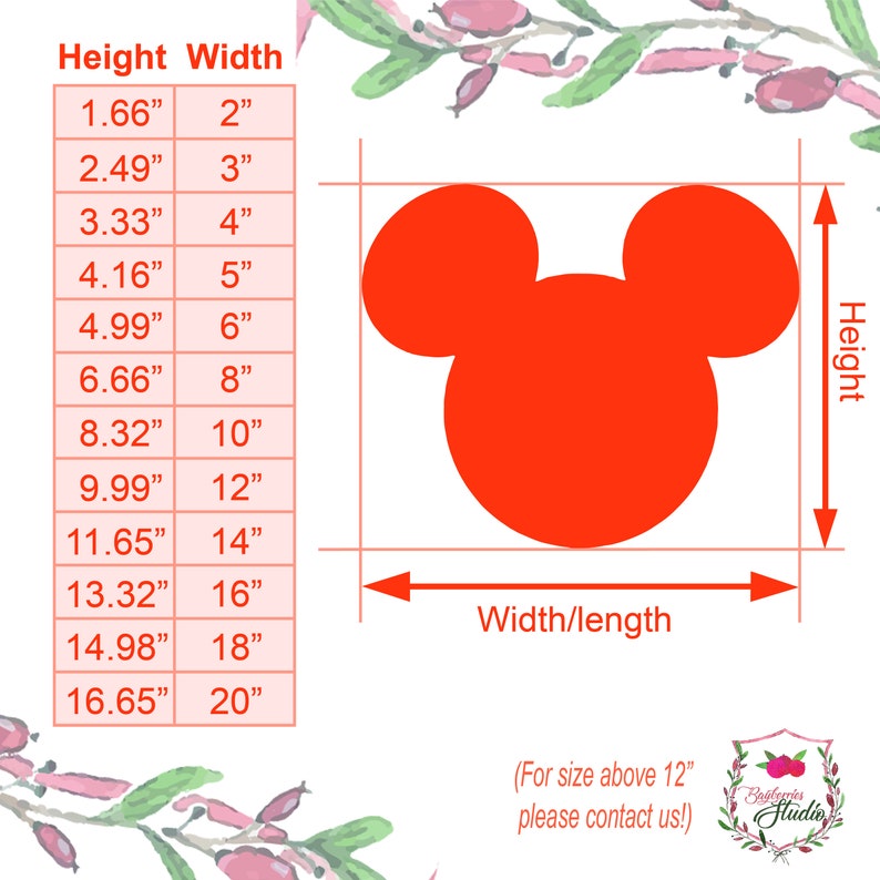 K&ouml;nnte beinhalten: Eine Tabelle mit verschiedenen Gr&ouml;&szlig;en f&uuml;r einen Mickey Mouse-Kopf-Ausschnitt. Die Tabelle zeigt die H&ouml;he und Breite in Zoll. Der Mickey Mouse-Kopf-Ausschnitt ist rot und wird in der Mitte des Bildes gezeigt.