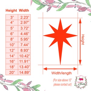 May include: A red eight-pointed star shape displayed with a sizing chart in inches. The chart lists heights from 3 to 20 inches with corresponding widths. The text includes Height, Width, and a note stating: For size above 12 inches please contact us!