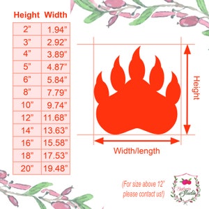 May include: A bright orange bear paw print cutout shape. A sizing chart is displayed to the left, listing heights from 2 inches to 20 inches with corresponding widths in inches. The text "Height", "Width", and "Width/length" are clearly visible.